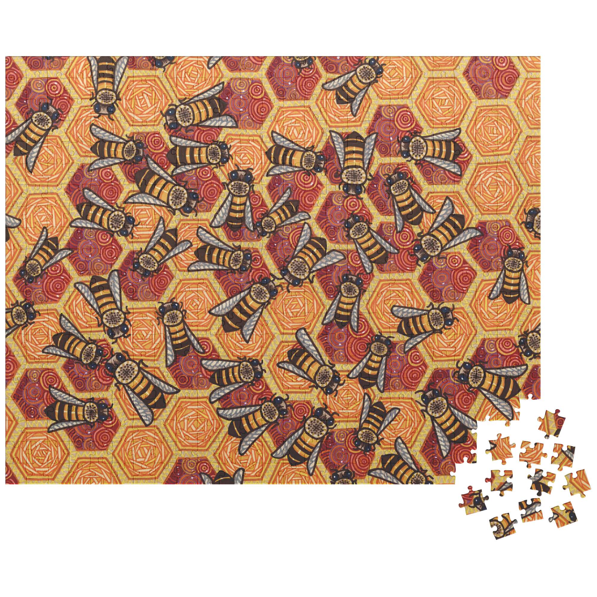 A vibrant jigsaw puzzle featuring repeated motifs of bees on a hexagonal, honeycomb red and orange background.