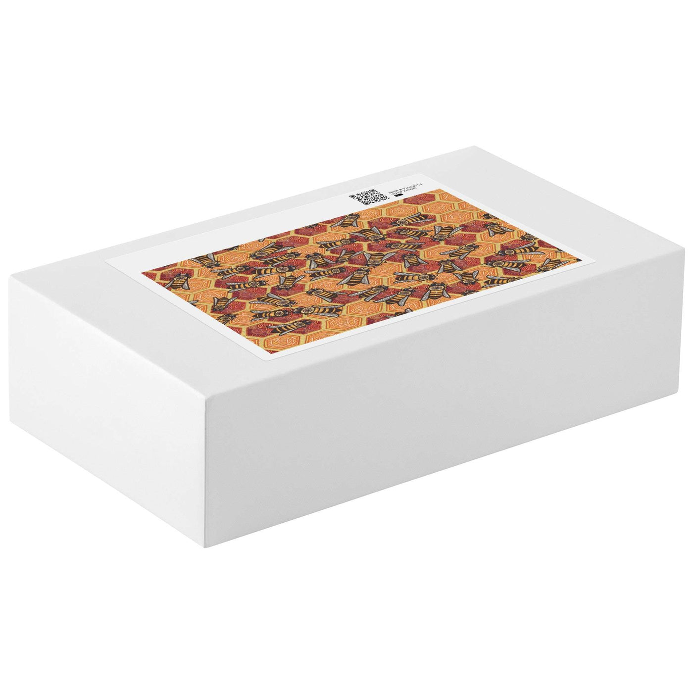 A white rectangular puzzle box with a sticker on the lid, showcasing the Honeycomb Harmony Puzzle design.