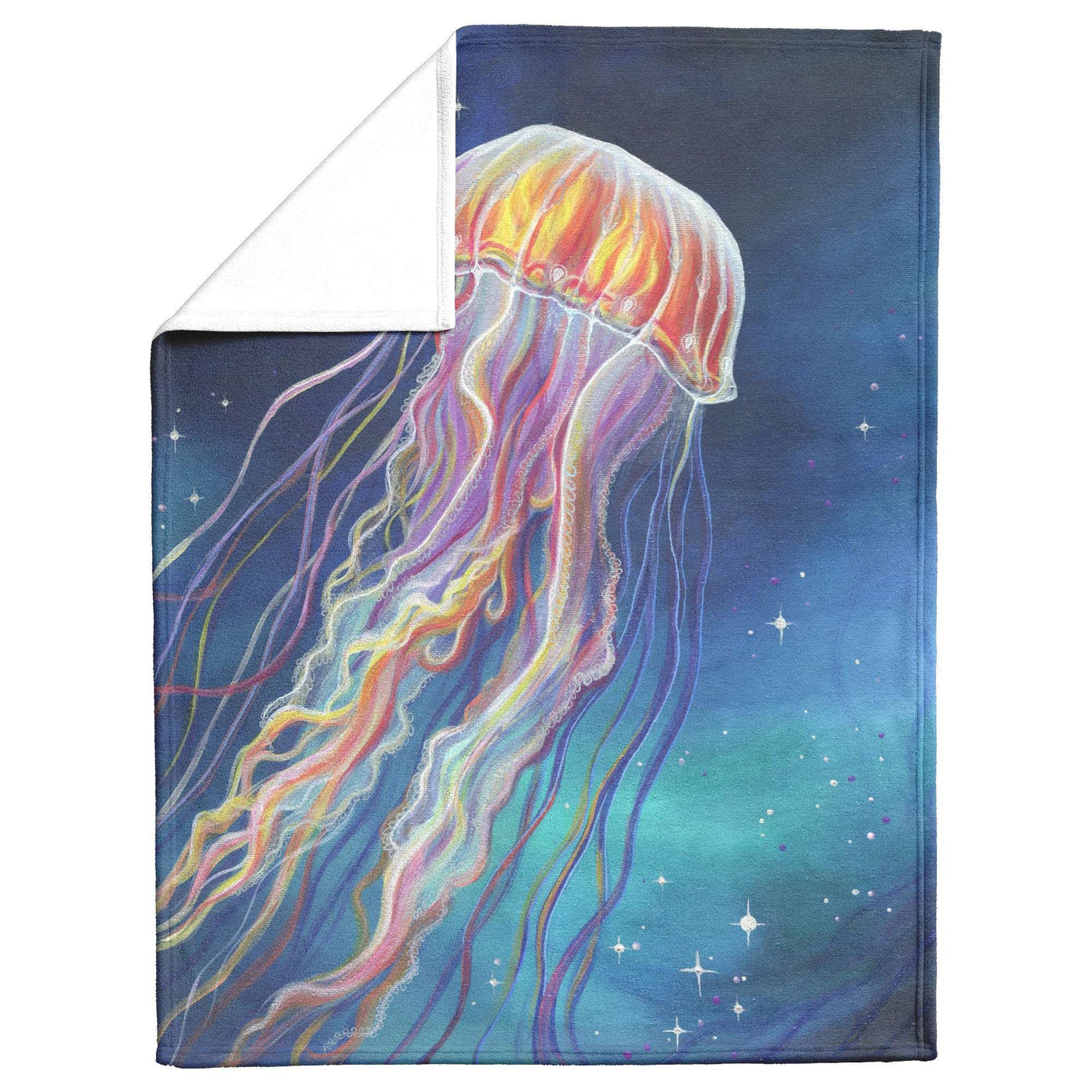 A colorful Jellyfish Blanket featuring a vibrant illustration of a jellyfish against a starry background, partially folded to reveal a white inner side.