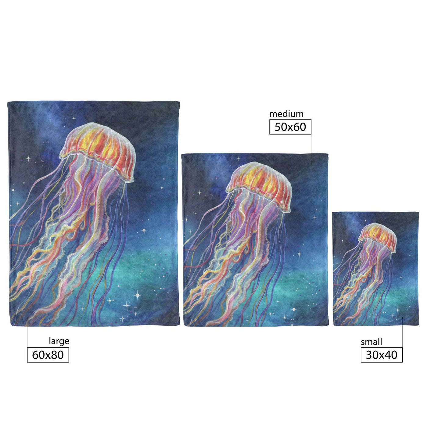 Three Jellyfish Blankets in different sizes: small, medium, and large, against a starry background.