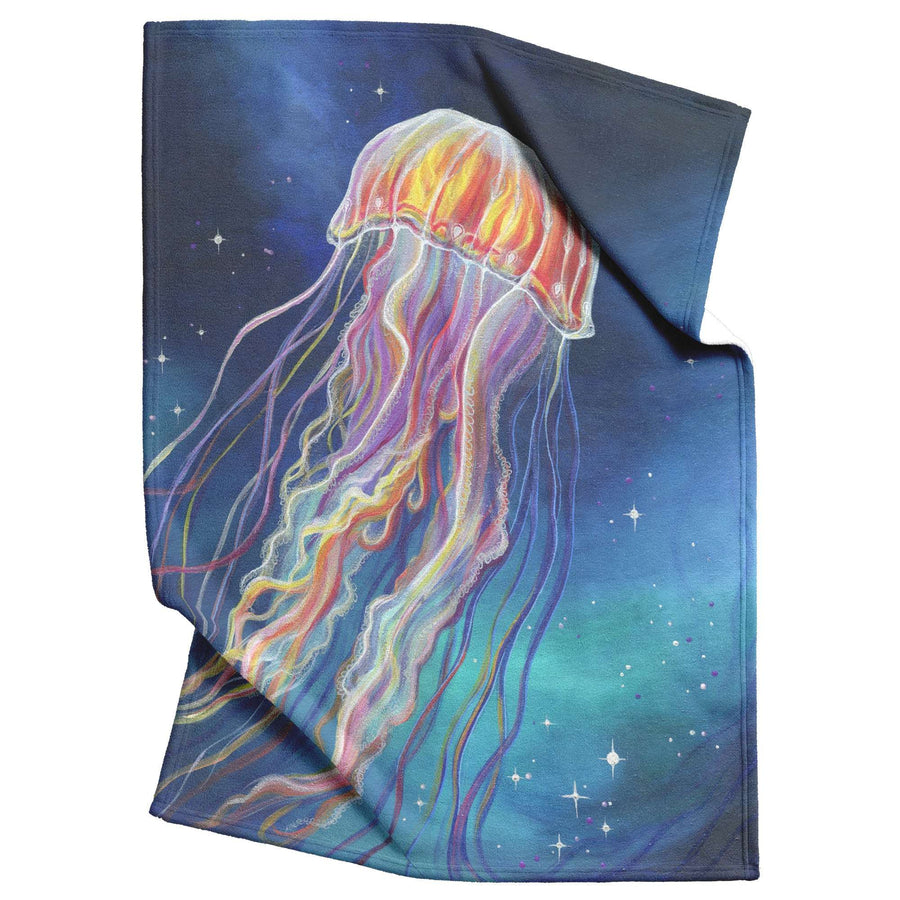 A colorful artistic depiction of a jellyfish on a Jellyfish Blanket, featuring vibrant hues and starry background details.