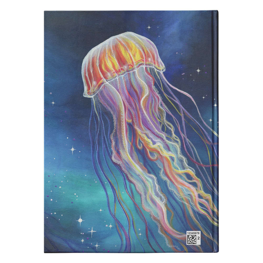 A colorful painting of a jellyfish with luminous tentacles against a starry, deep blue ocean background, displayed on a Jellyfish Journal cover.