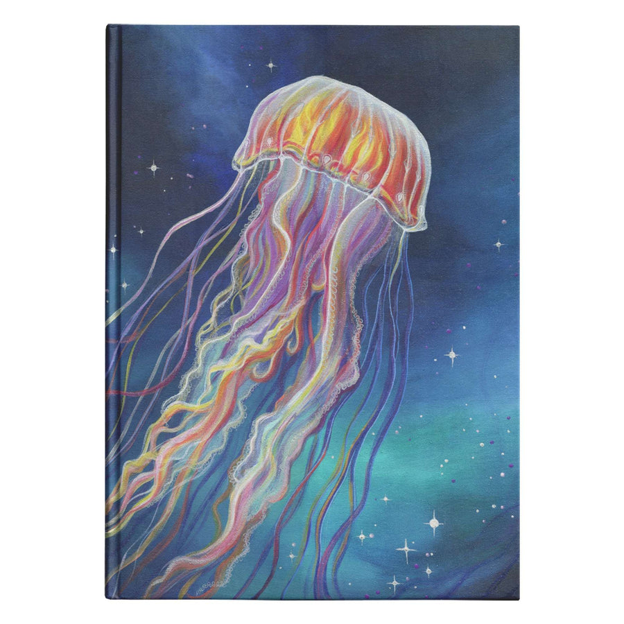 A vibrant painting of a Jellyfish Journal with flowing tentacles against a starry, deep blue background.