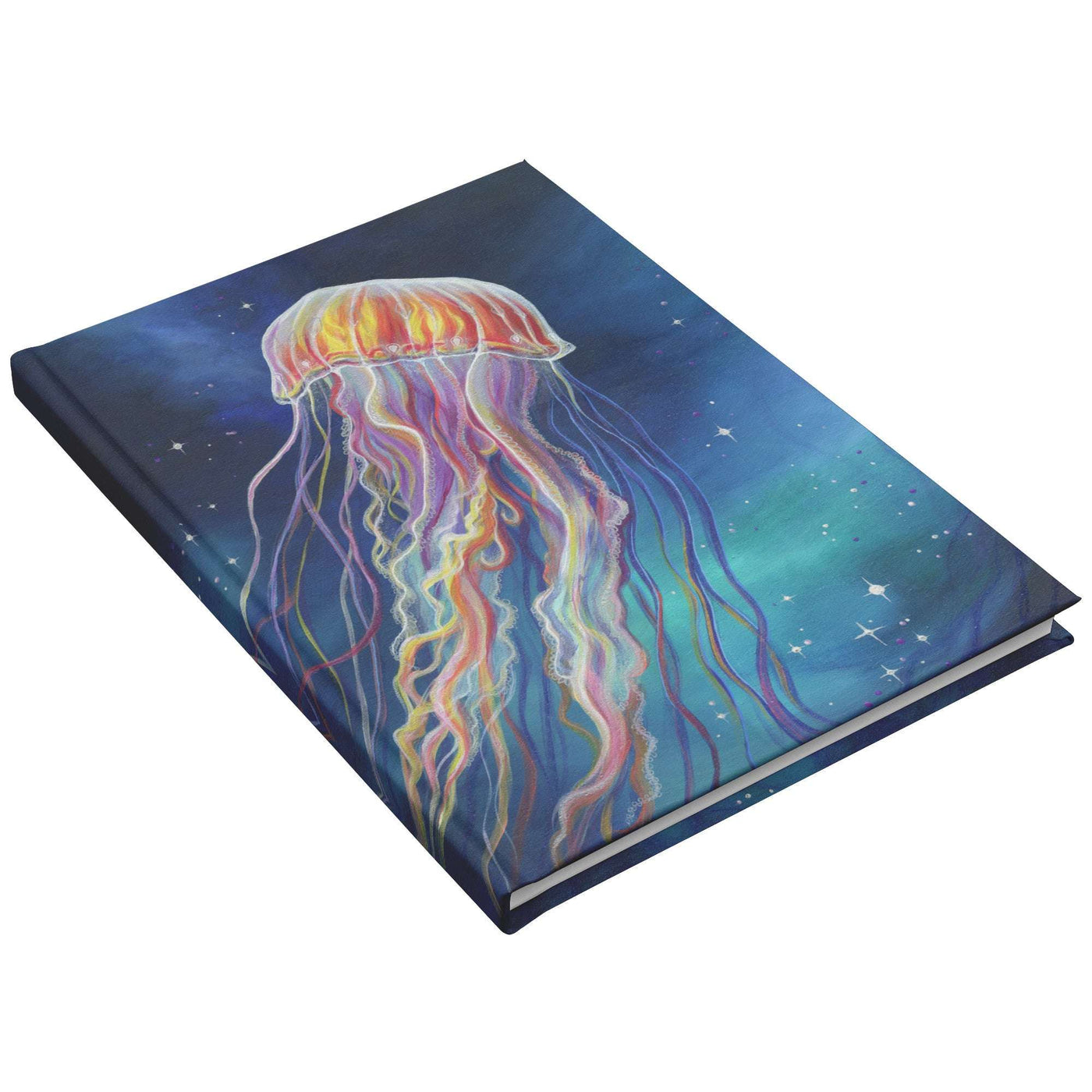 A hardcover Jellyfish Journal with an illustrated cover featuring a colorful jellyfish against a starry background.