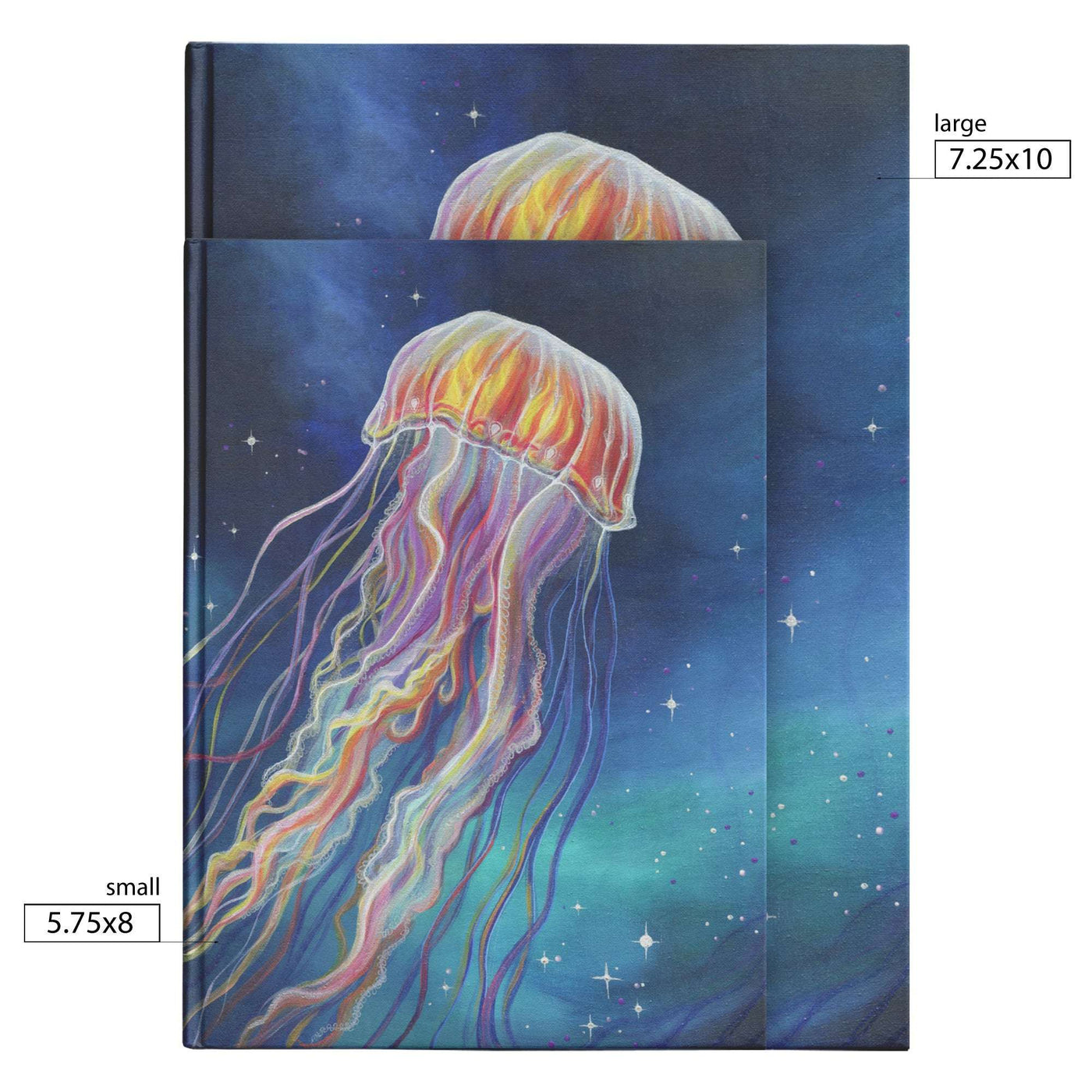 Two sizes of Jellyfish Journals featuring a colorful jellyfish illustration against a starry background; one large and one small with size dimensions provided.