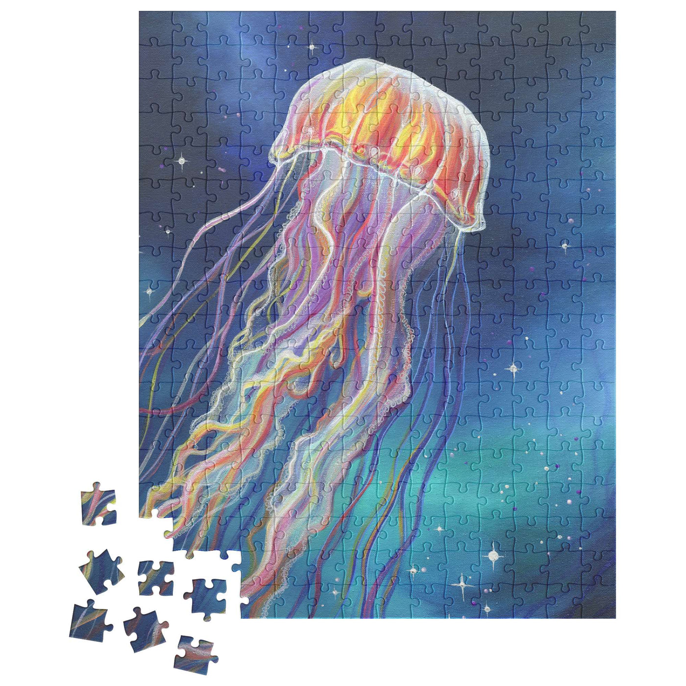 A Jellyfish Puzzle of a multicolored jellyfish, partially assembled with loose pieces at the bottom.
