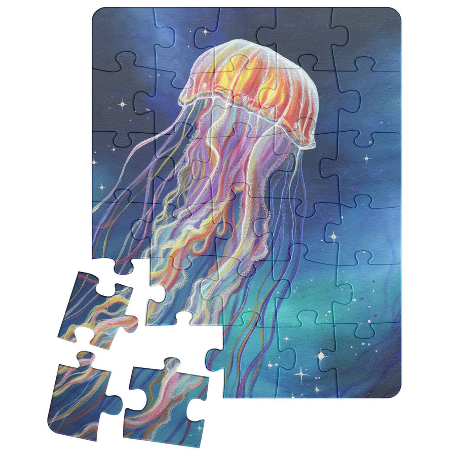 Jellyfish Puzzle with a few pieces detached, depicting a vibrant jellyfish against a starry underwater background.