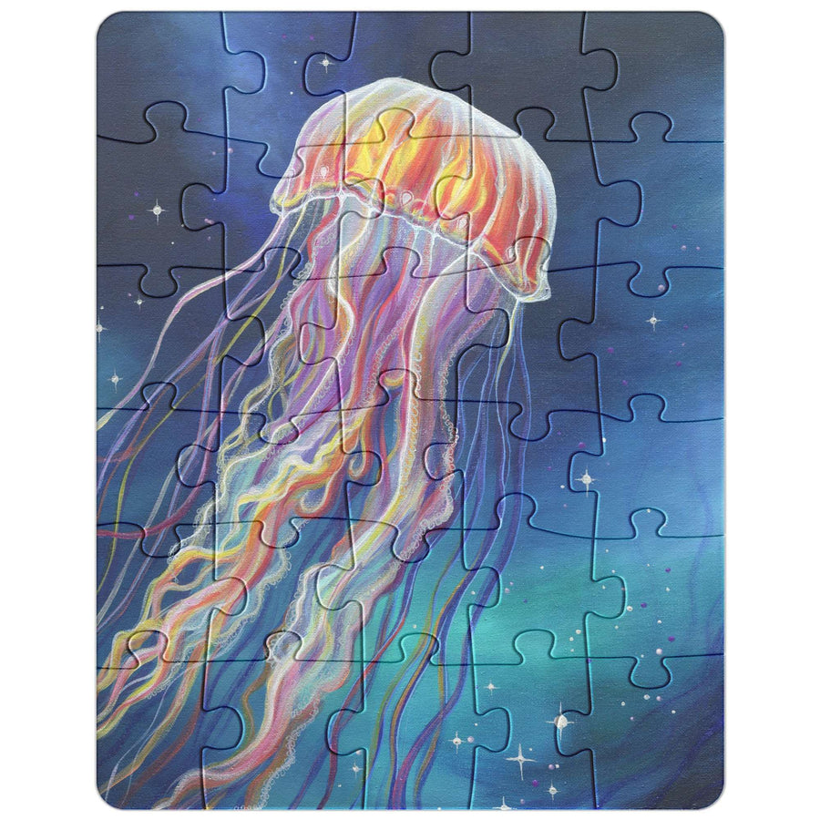 A Jellyfish Puzzle featuring a colorful, artistic depiction of a jellyfish, set against a blue background with subtle starry details.
