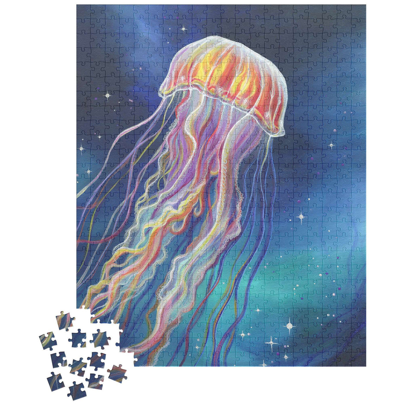 The Jellyfish Puzzle features a vibrant image of a jellyfish with colorful tentacles against a starry underwater backdrop. Some pieces are detached at the bottom left.