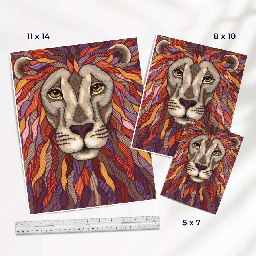 Variety of lion portrait print sizes for size comparison with a ruler for size reference