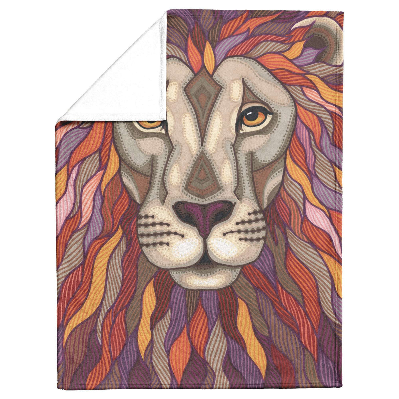 Illustration of a lion's face with intricate, colorful patterns on a Lion Pride Blanket, featuring shades of purple, orange, and yellow.