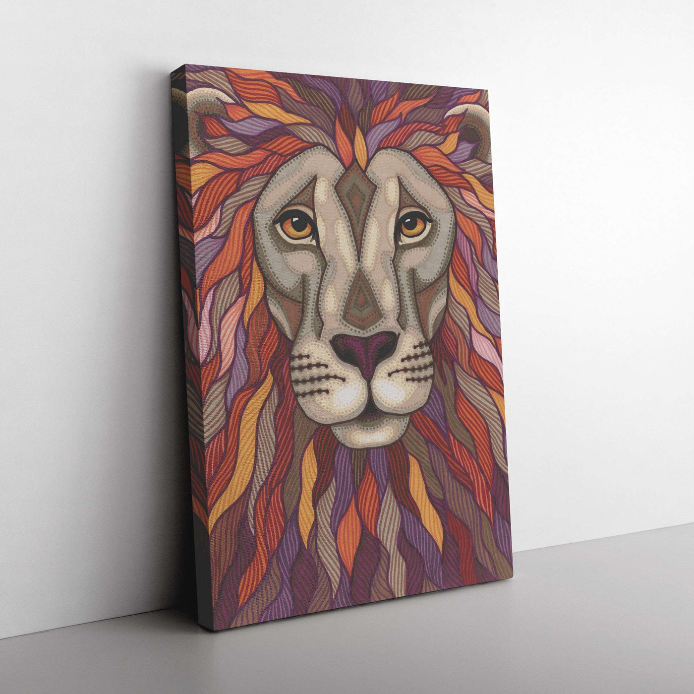 A Lion Pride Canvas Print featuring a stylized lion with a detailed, colorful mane, displayed on a white wall.