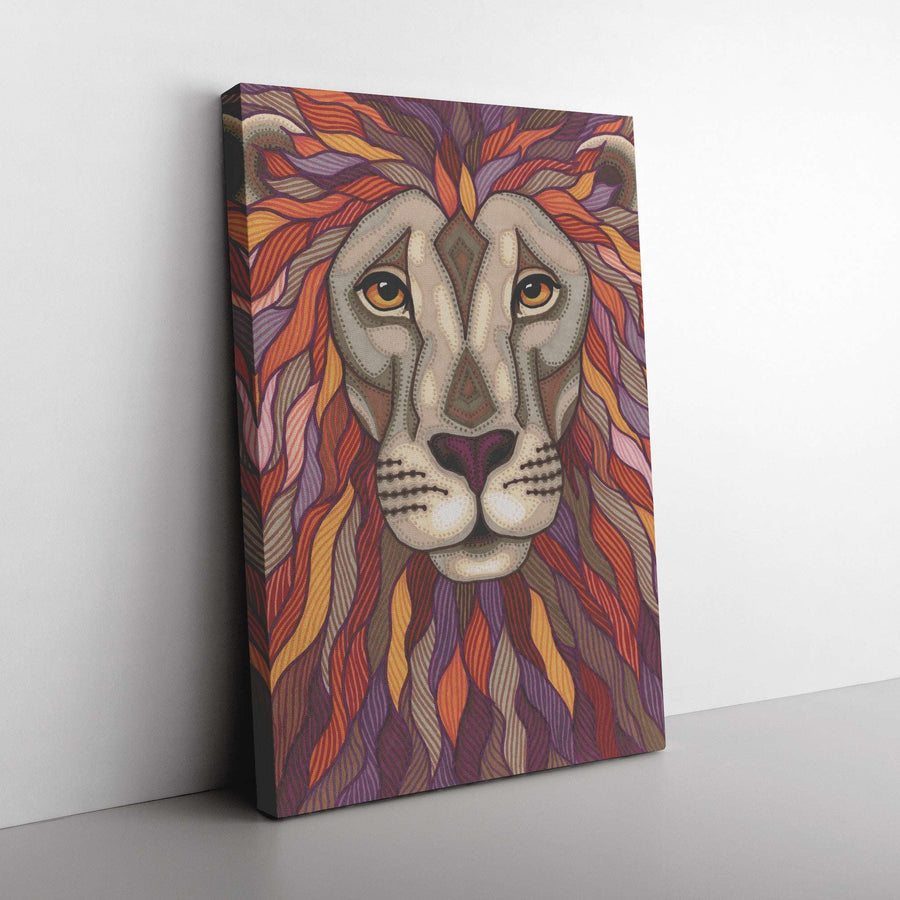 A Lion Pride Canvas Print featuring a stylized lion with a detailed, colorful mane, displayed on a white wall.