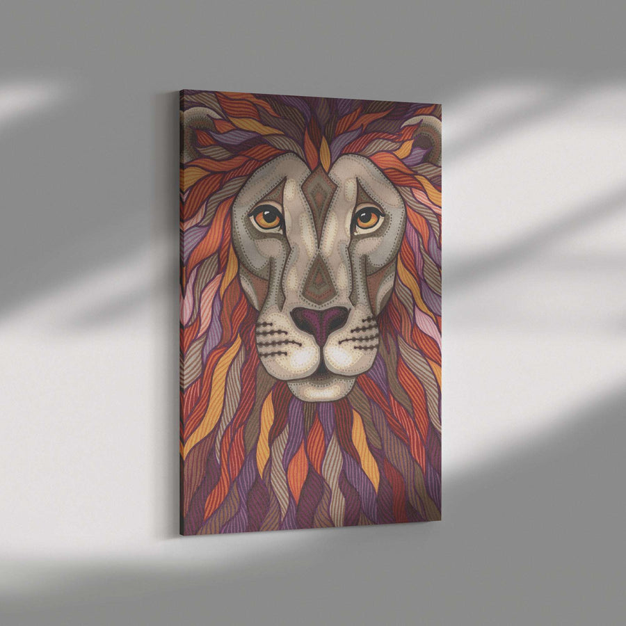 A Lion Pride Canvas Print, mounted on a wall with shadows casting over it from sunlight, showcases a colorful and artistic depiction of a lion's face.
