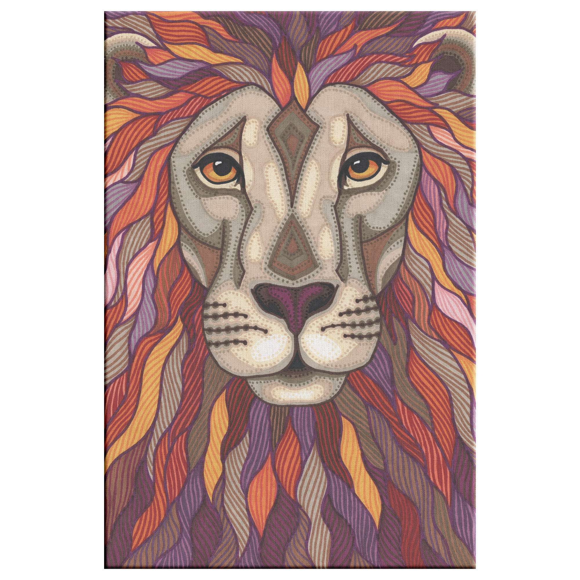 Illustration of a lion's face with a detailed, colorful mane in shades of purple, orange, and yellow, styled in intricate patterns on the Lion Pride Canvas Print.