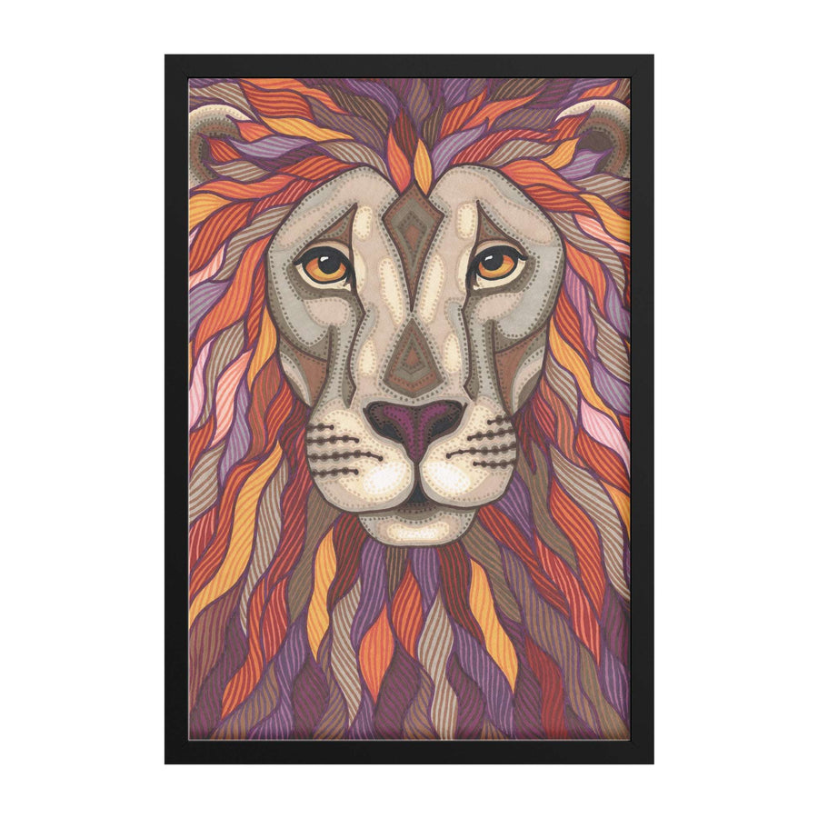 Artistic illustration of a lion's face with colorful, textured mane patterns, framed in black