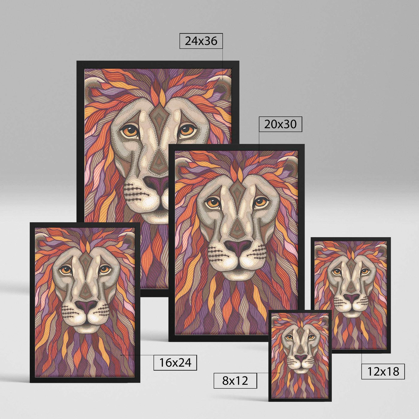 Five Lion Pride Framed Prints of a stylized lion's face with vibrant, multicolored mane, displayed in various sizes on a light gray background.