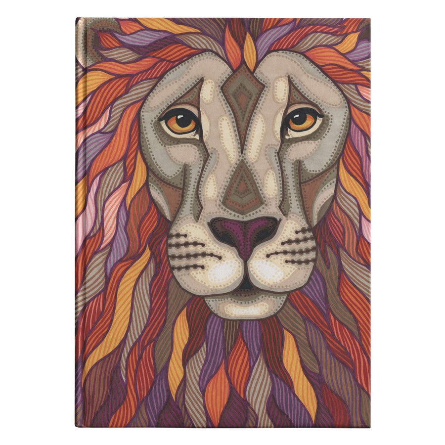 Illustration of a Lion Pride Journal with a symmetrical, colorful mane featuring intricate patterns, displayed against a plain background.