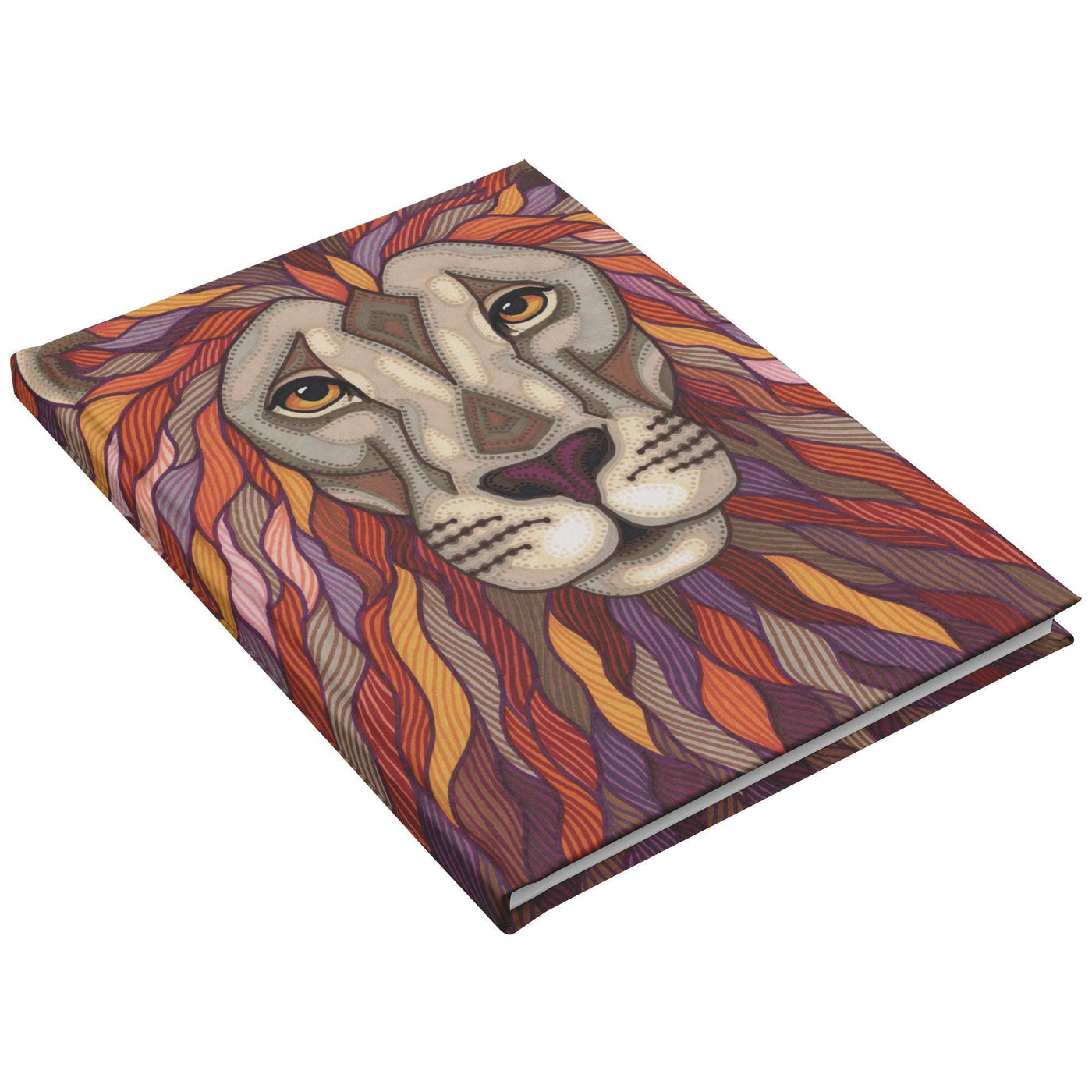 A Lion Pride Journal with a colorful, detailed illustration of a lion's face on the cover, featuring rich hues and intricate patterns.