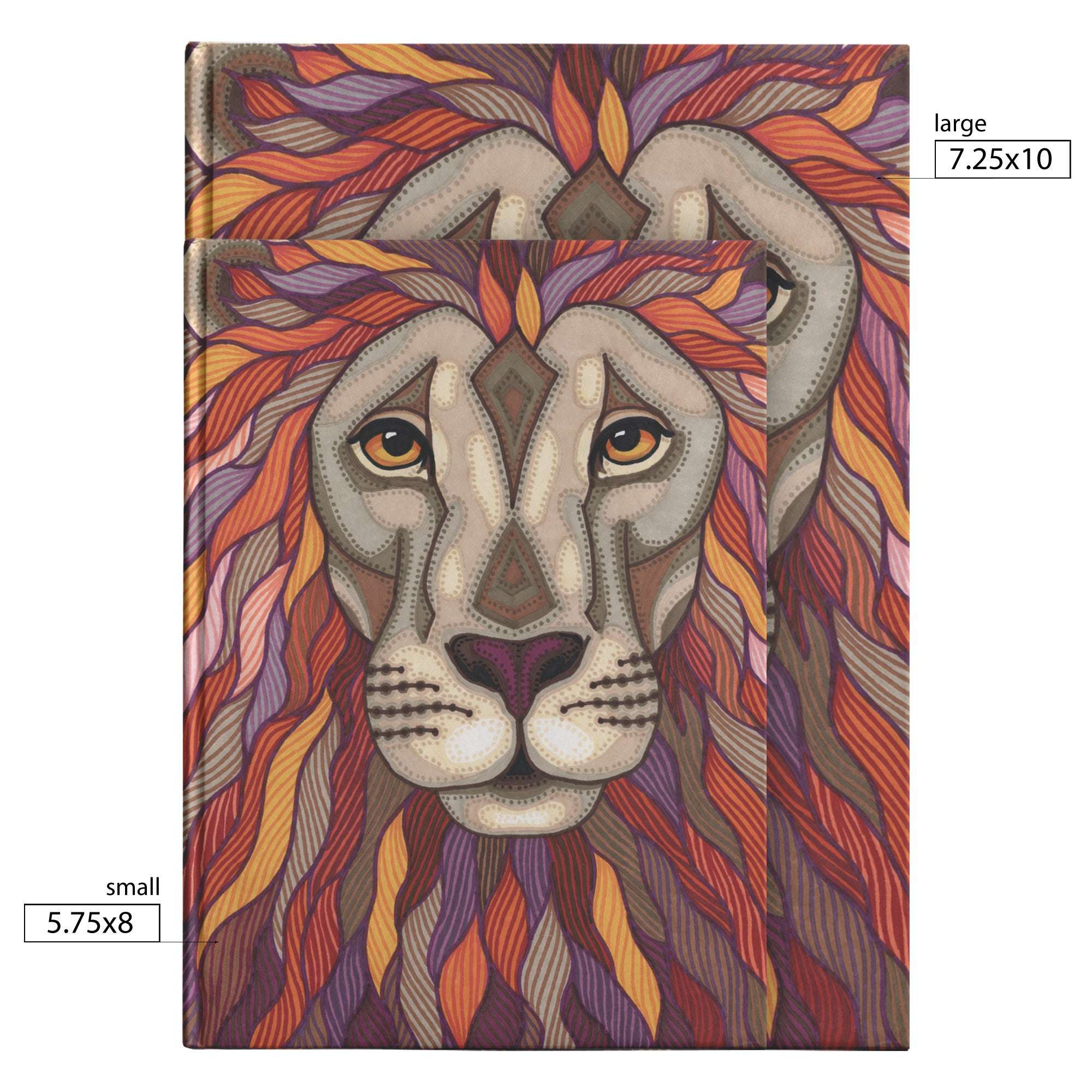 A colorful illustrated Lion Pride Journal featuring a detailed lion's face surrounded by stylized leaves, available in two sizes labeled as "small" and "large.