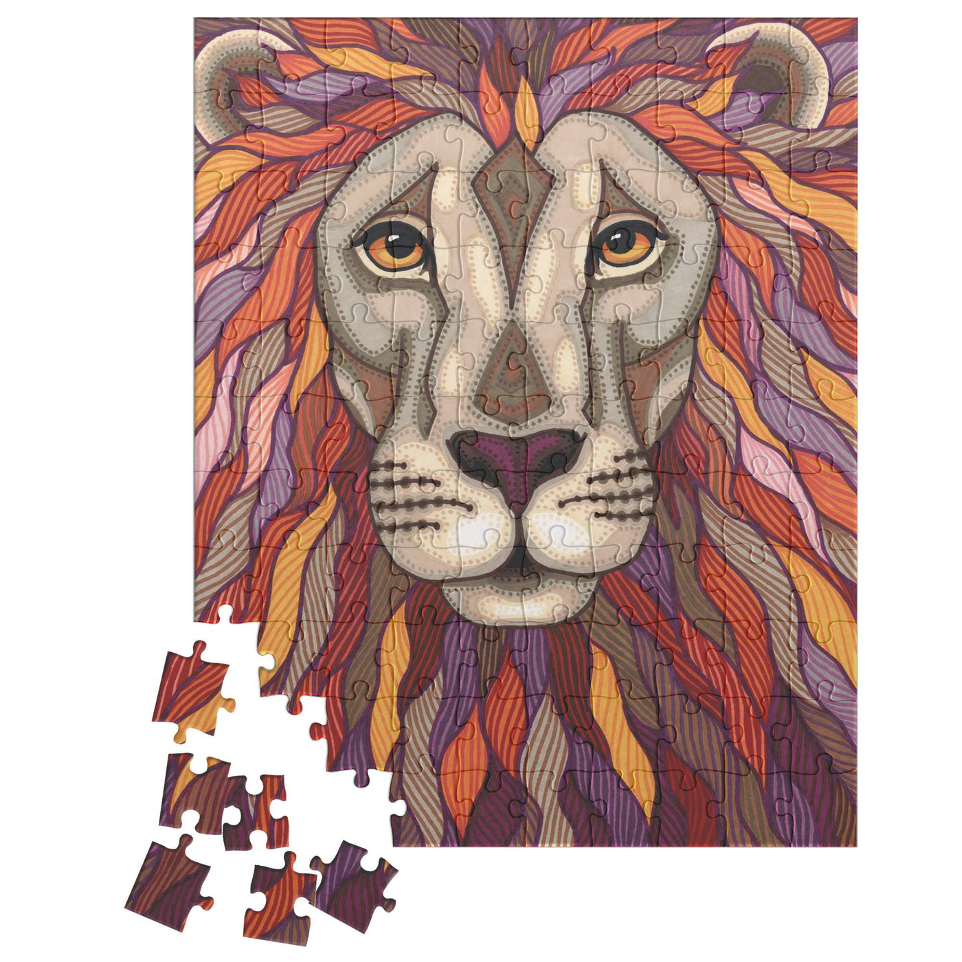 A colorful Lion Pride Puzzle partially completed with loose pieces in the bottom left corner.