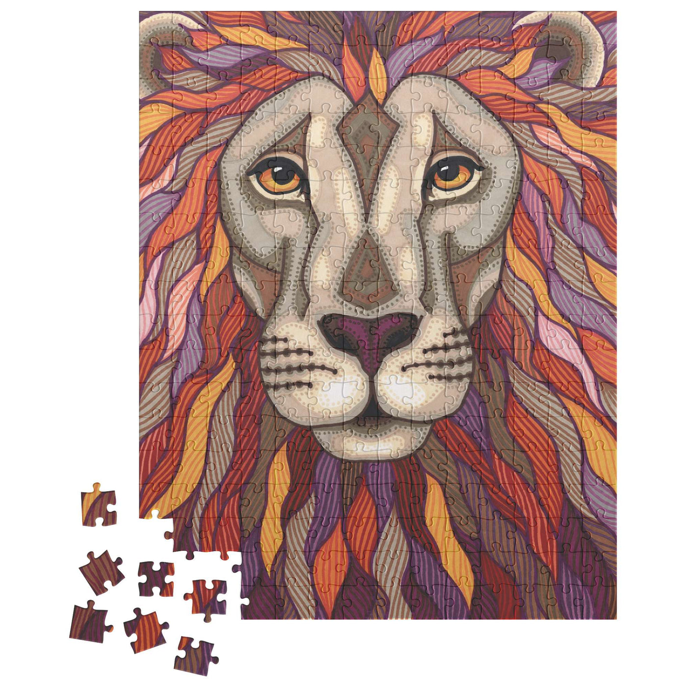 A Lion Pride Puzzle featuring a colorful, stylized lion with a mane in shades of orange, purple, and yellow. Several puzzle pieces are detached from the bottom left corner.