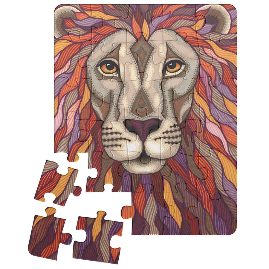 A colorful Lion Pride Puzzle depicting a detailed illustration of a lion's face, with several pieces detached on the side.