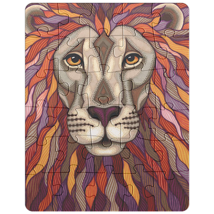 A Lion Pride Puzzle depicting a stylized lion's face with vibrant, multi-colored mane pieces interlocking together.