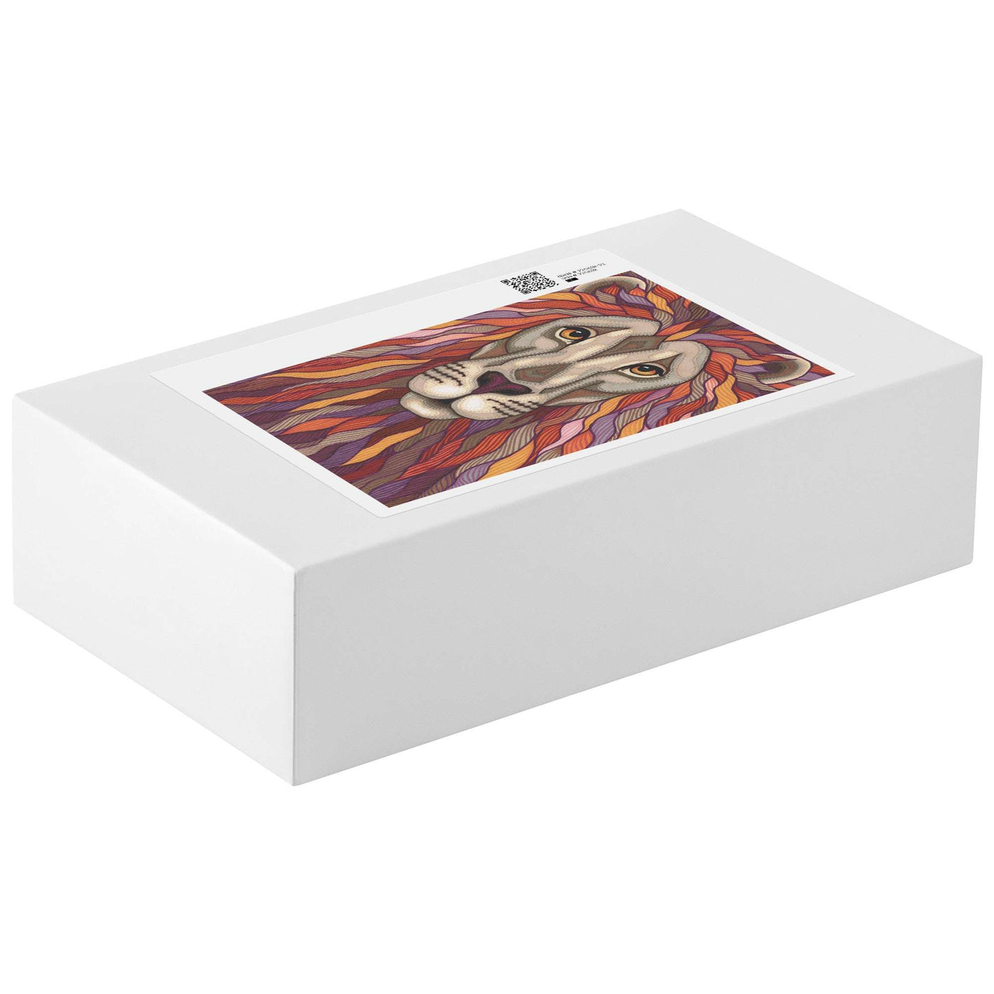 A white rectangular puzzle box with artwork of a lion with colorful, flowy mane displayed on the lid