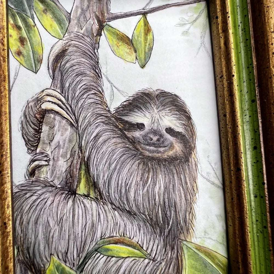 Close-up of the sloth painting highlighting its gentle face and detailed fur.