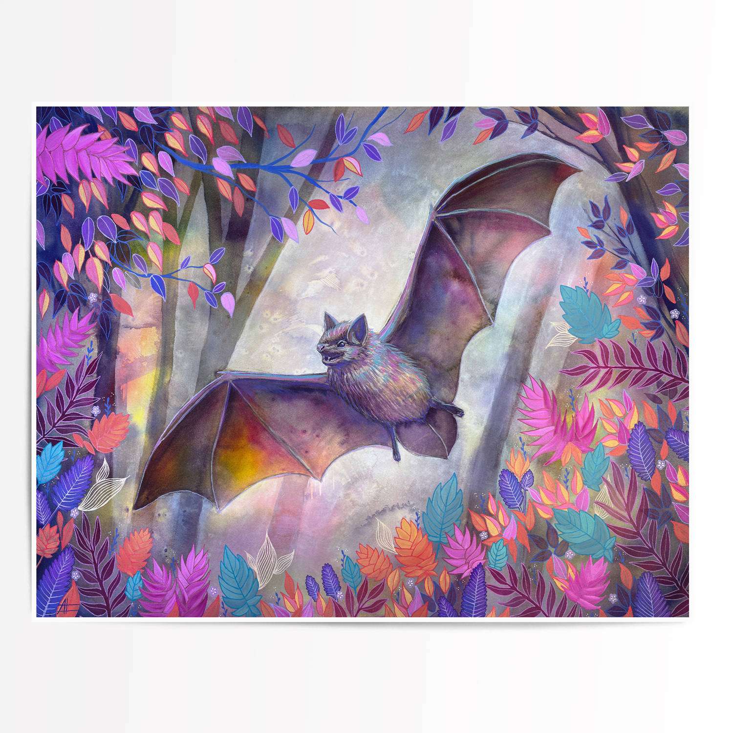 Single large art print of a bat among vivid foliage, demonstrating intricate detail and color.