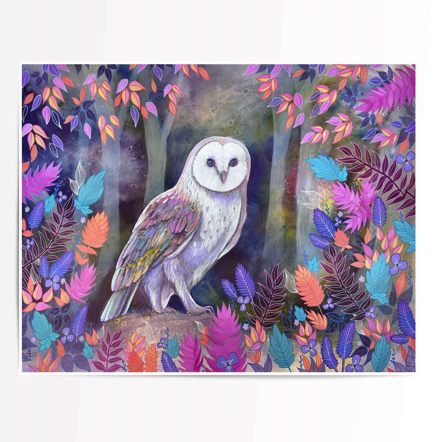 Single large art print of an owl among vivid foliage, demonstrating intricate detail and color.