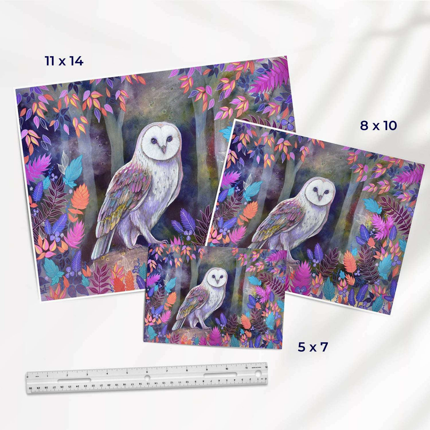 Print series of an owl with colorful leaves available in multiple sizes alongside a ruler.