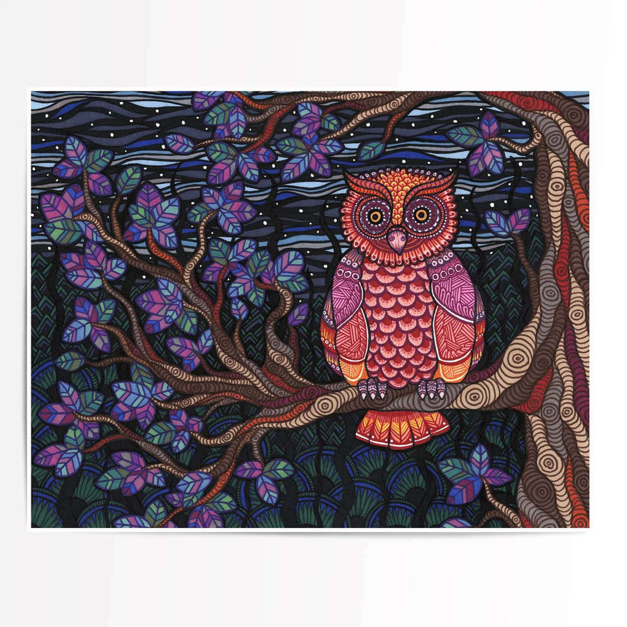 Colorful Owl Tree Fine Art Print of a wise, intricately patterned owl perched on a tree branch amidst vibrant foliage against a night sky by Art by Amanda Lanford.