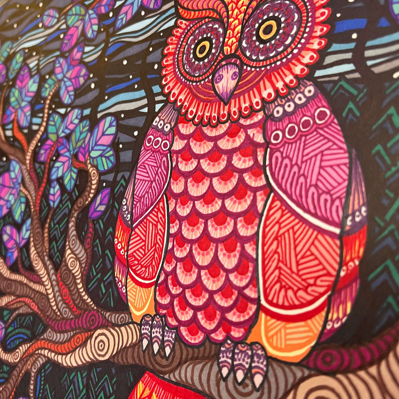 Closeup of the vibrant Owl Tree Original Marker Painting, featuring intricate zentangles and a rich array of colors.