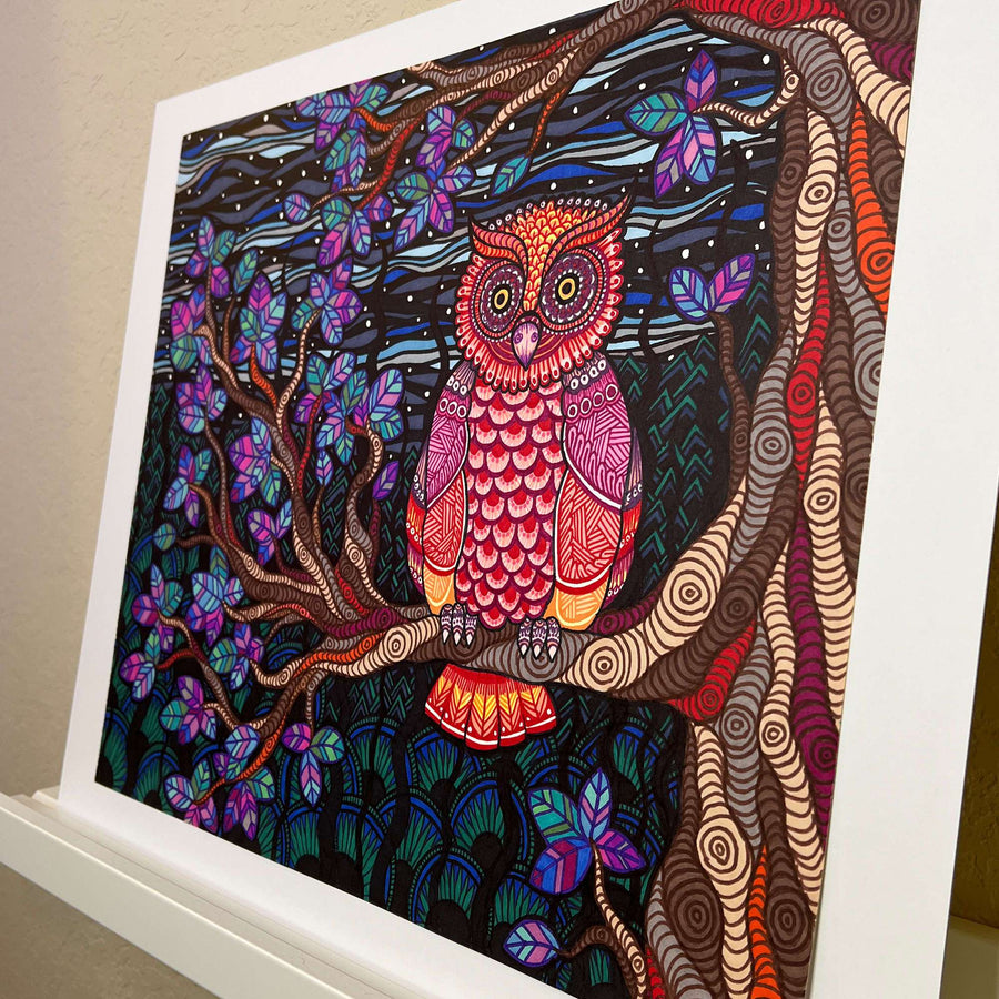 Colorful artwork of the Owl Tree - Original Marker Painting, featuring intricate zentangles and vibrant hues, displayed in a white frame.