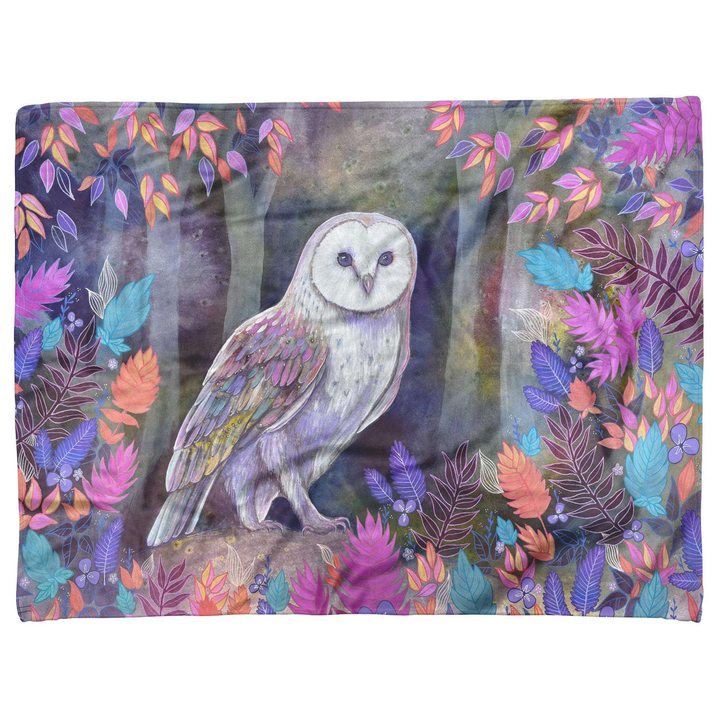 A full view of fleece blanket with a white owl perched among colorful leaves on a purple and blue watercolor background.