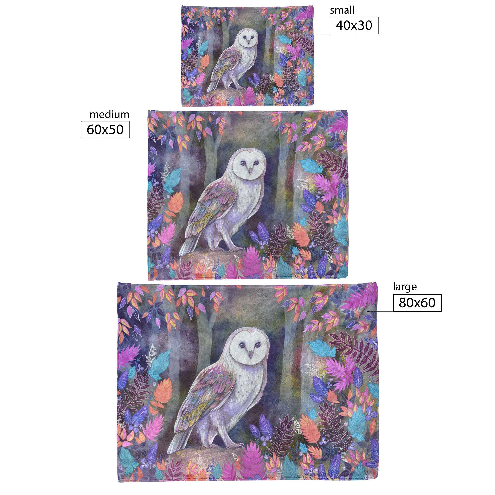 Three Owl Blankets depicting a white owl perched on branches among colorful leaves, displayed in small, medium, and large sizes with size dimensions labeled.