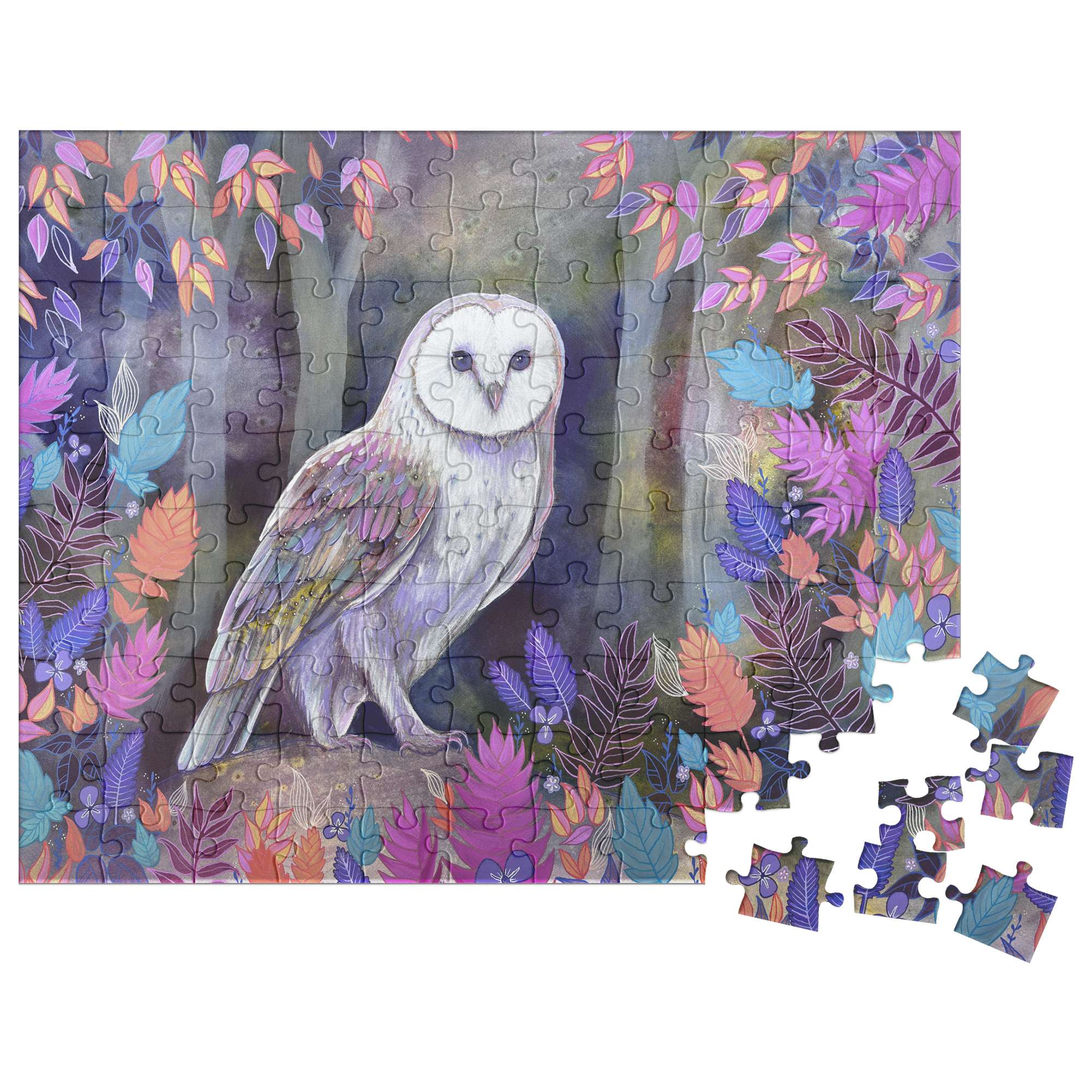 Owl Puzzle featuring a white owl perched on a branch, surrounded by colorful leaves, with one piece disconnected on the side.