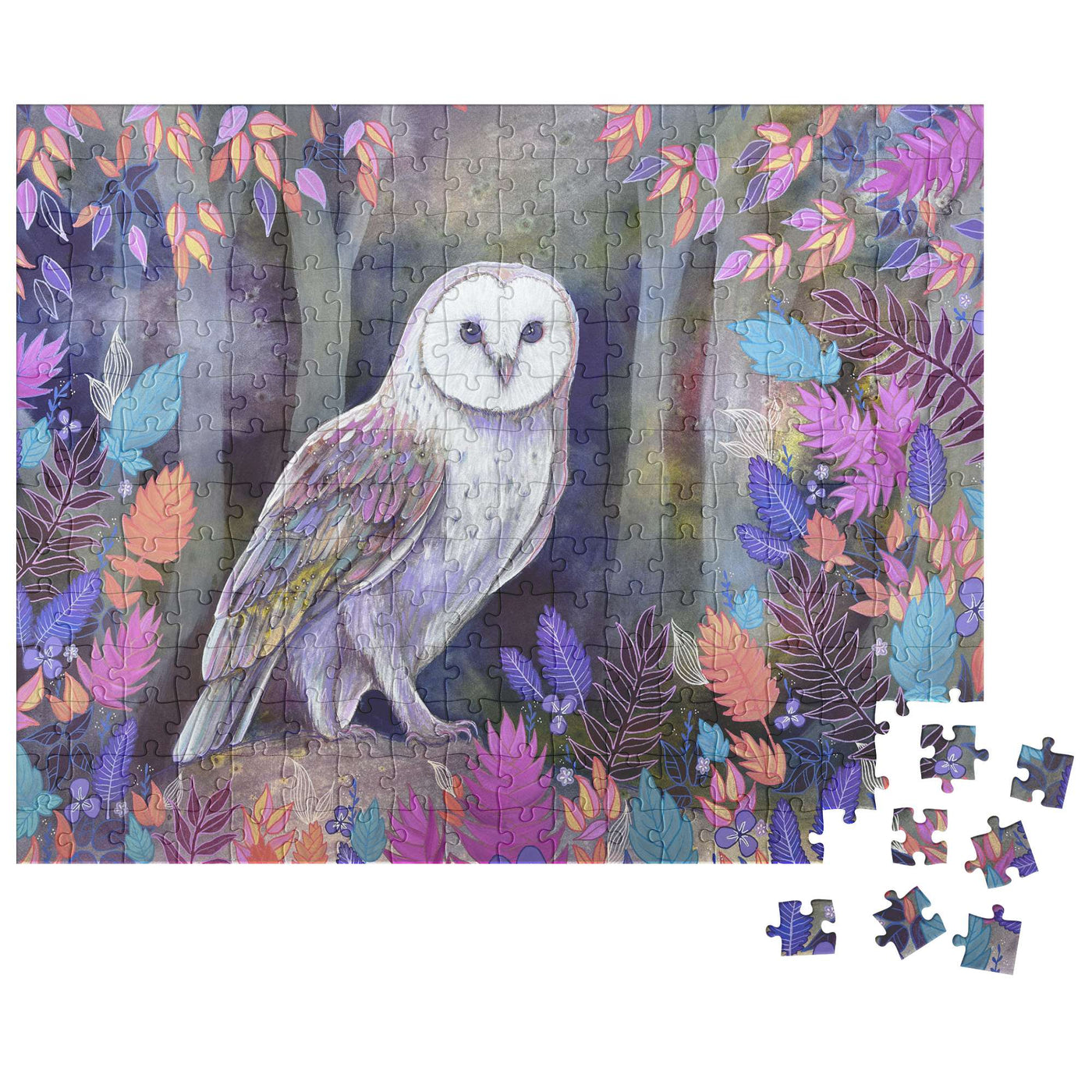 Owl Puzzle featuring a snowy owl perched on a branch amid colorful leaves, with a few pieces detached on the side.