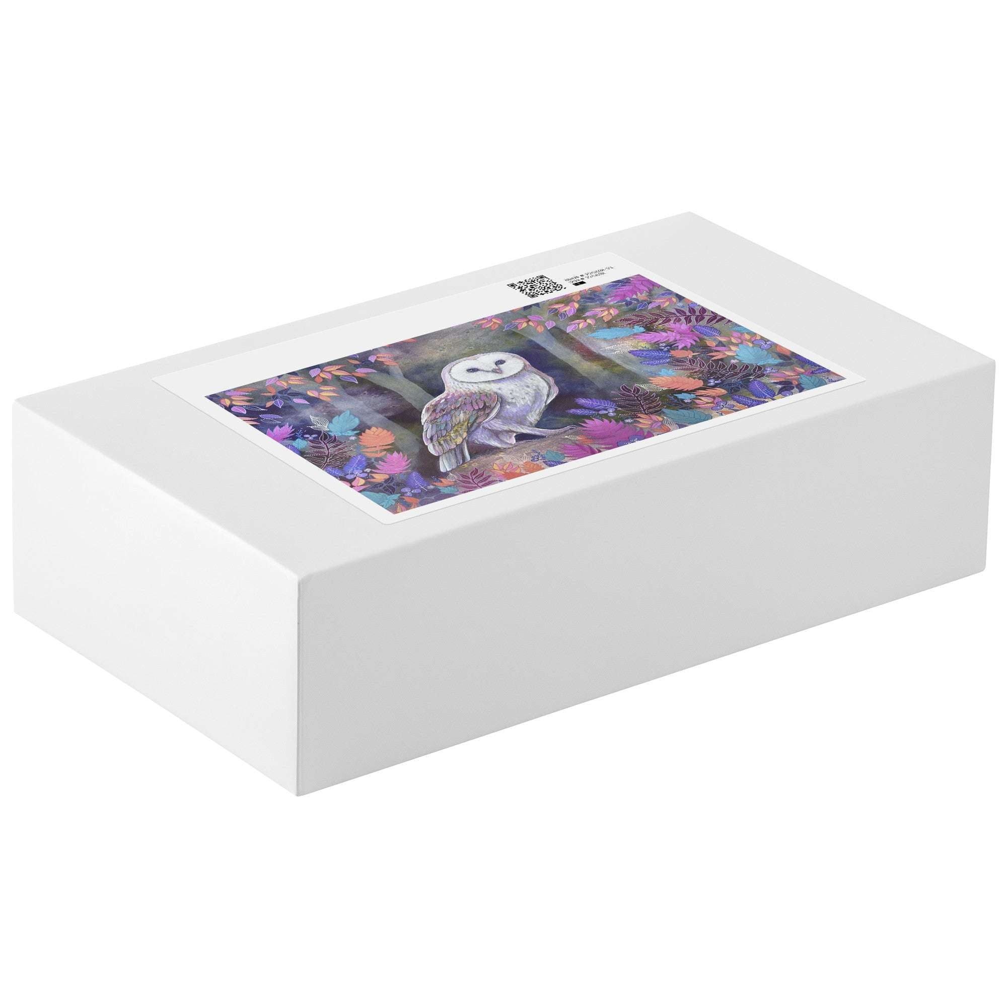 An Owl Puzzle box featuring an owl sitting among purple flowers, displayed on a plain white background.