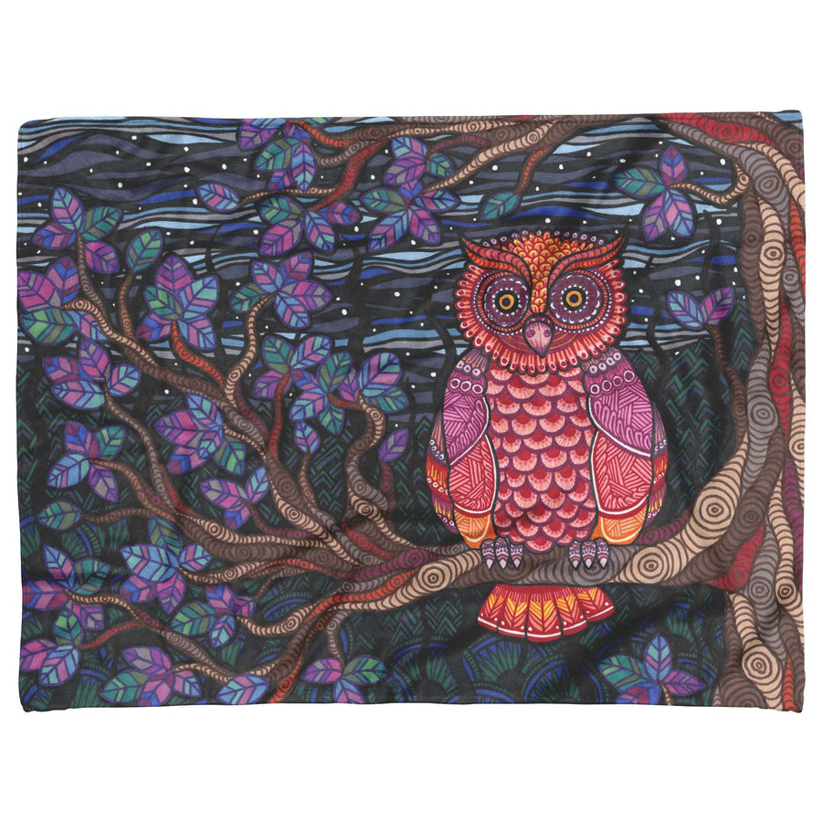 An Owl Tree Blanket featuring an owl sitting on a twisted tree branch surrounded by stylized leaves under a starry night sky.