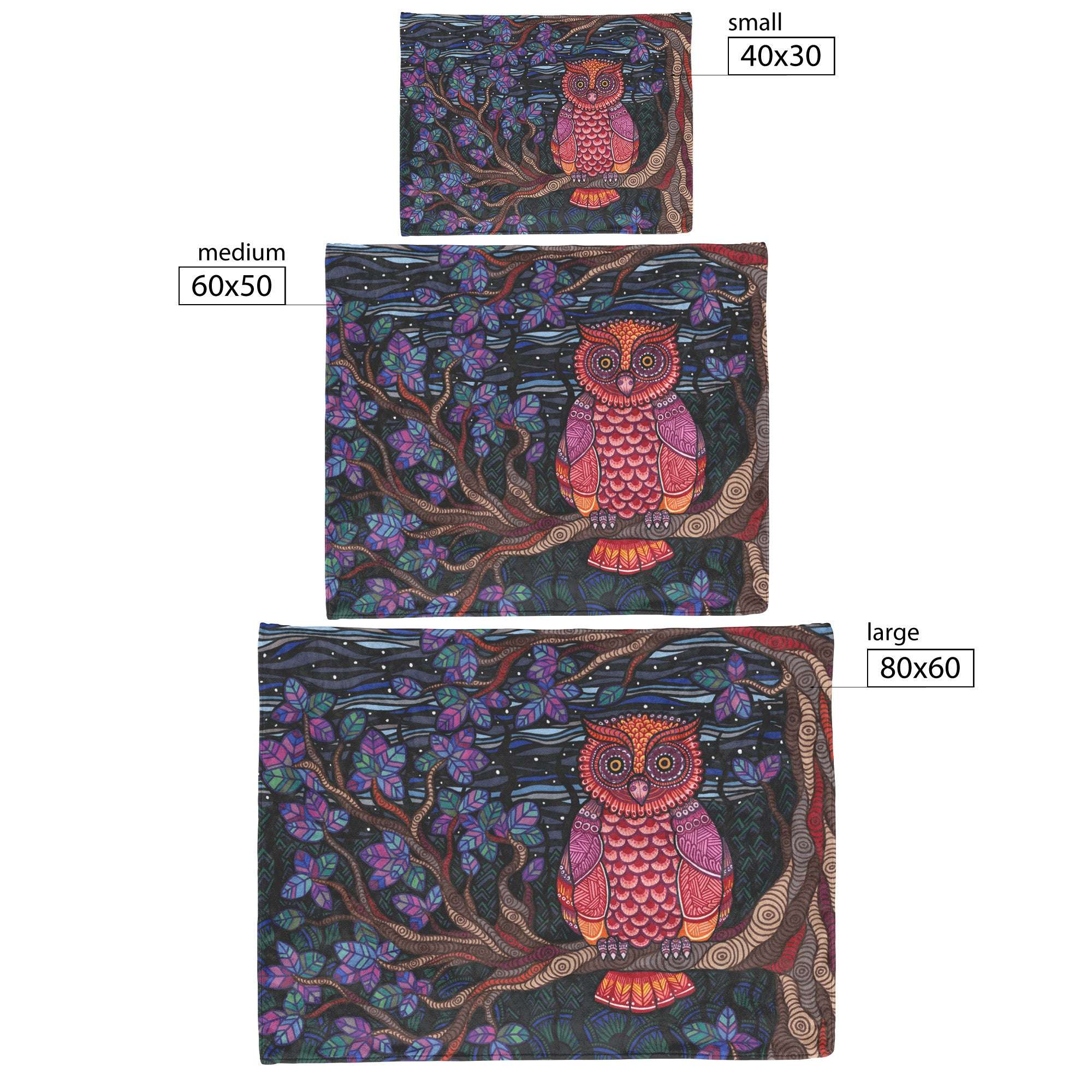 Three Owl Tree Blanket in different sizes: small (40x30), medium (60x50), and large (80x60), each featuring a colorful owl on a patterned background.