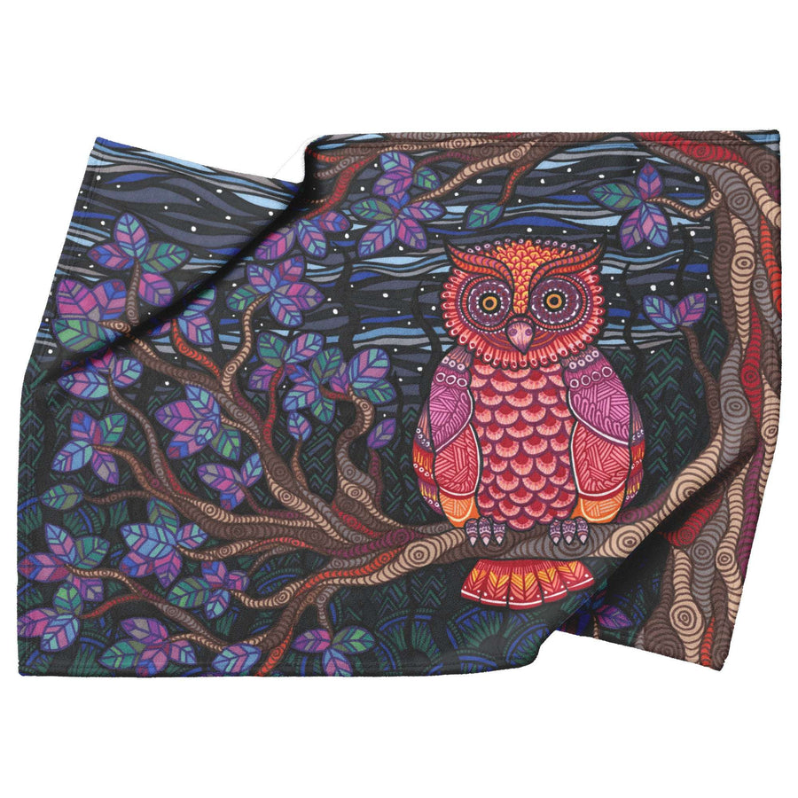 Colorful Owl Tree Blanket featuring an intricate owl design amidst a vibrant pattern of trees and leaves.