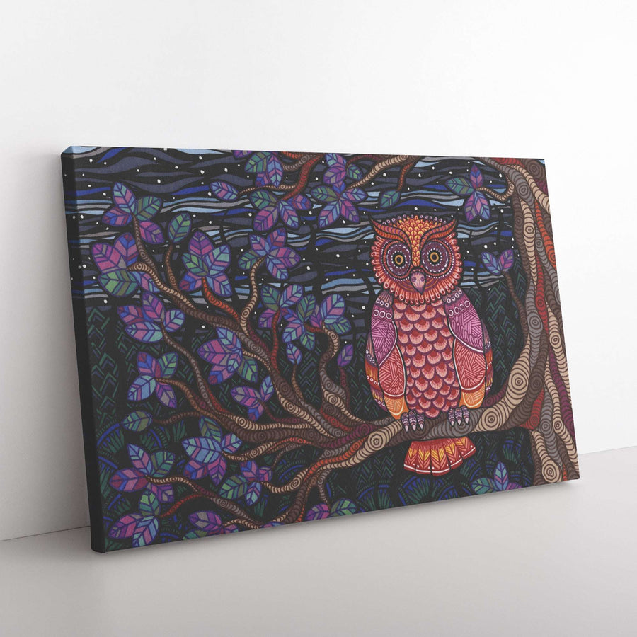 A colorful Owl Tree canvas print featuring a stylized owl perched on a branch amid a vibrant, patterned foliage backdrop.