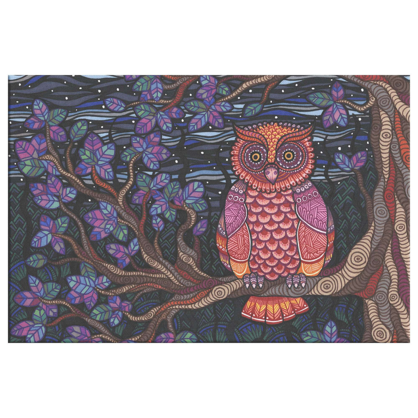 Front view of a canvas print featuring a colorful, patterned owl perched on a branch within a stylized, decorative forest under a starry sky