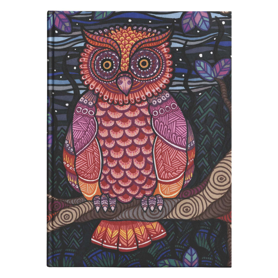 Colorful illustrated Owl Tree Journal featuring an owl perched on a branch against a patterned night sky background.