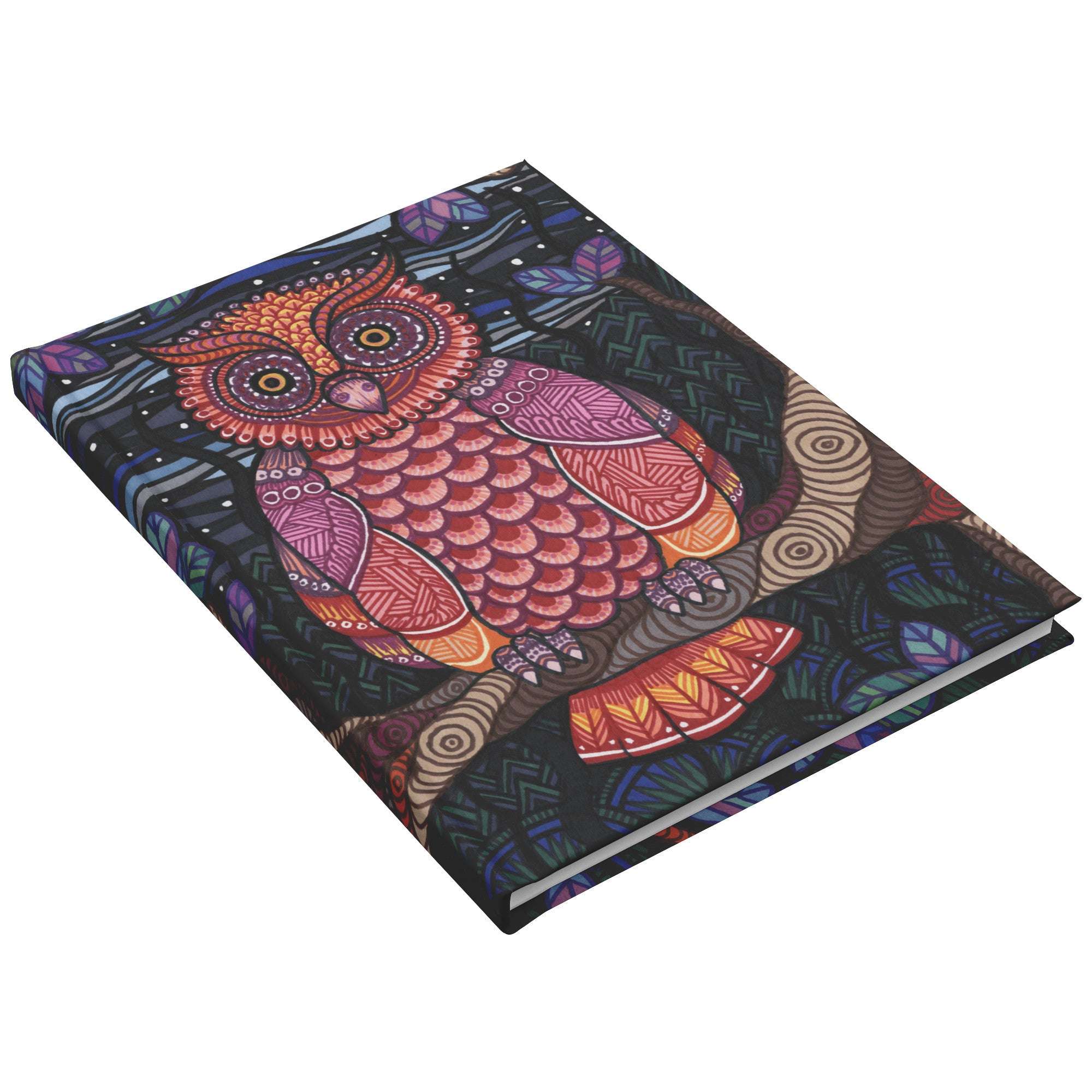 A colorful Owl Tree Journal with a detailed illustration of a vibrant owl perched on a branch against a dark background.