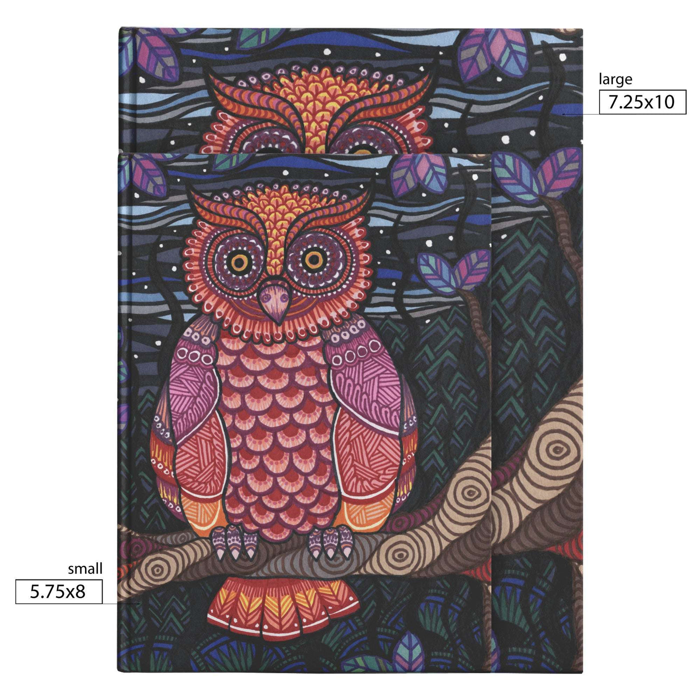 Colorful, intricately patterned Owl Tree Journal illustration on a notebook cover, available in two sizes marked as small and large.