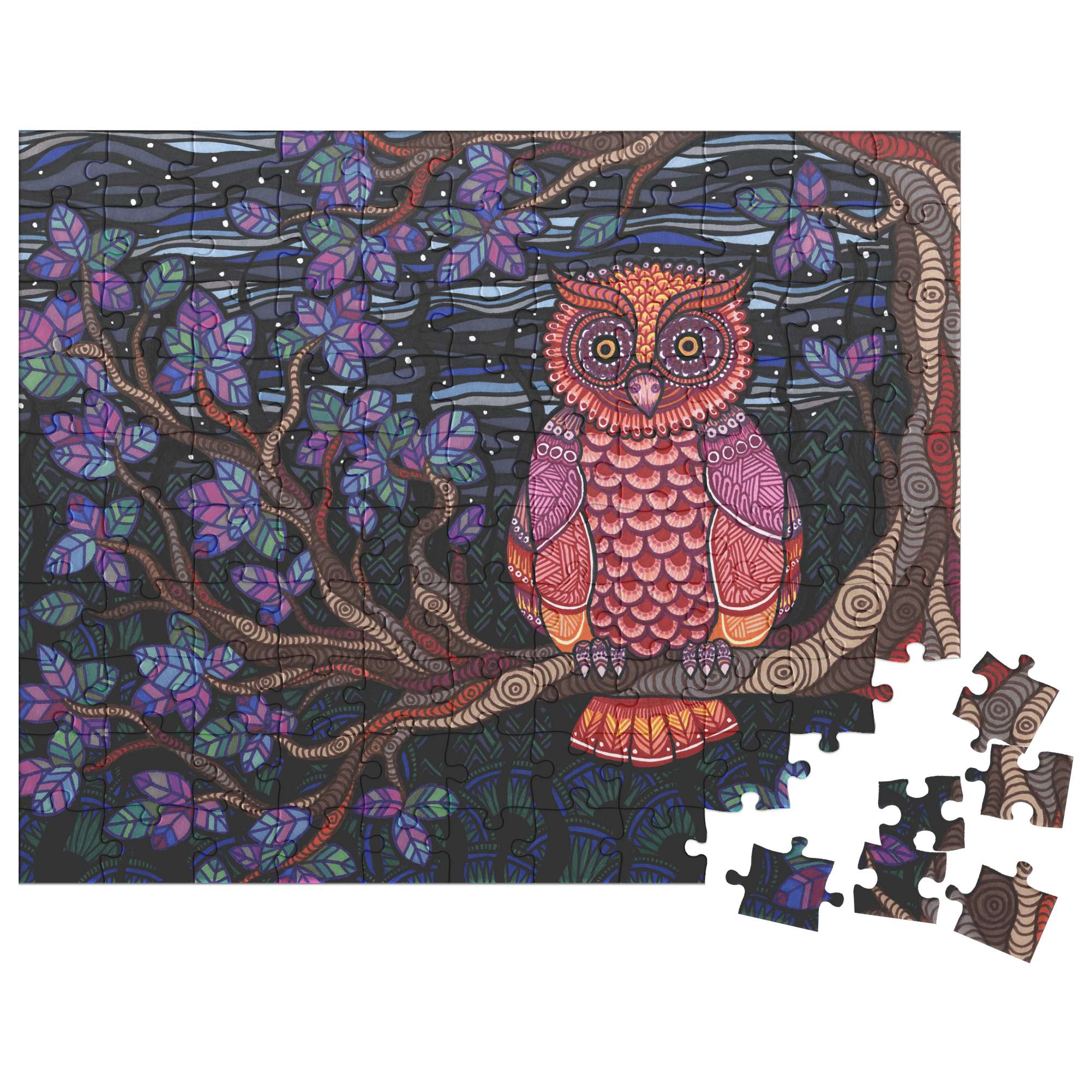 A colorful Owl Tree Puzzle depicting an owl perched on a branch against a backdrop with numerous intricate patterns and details.